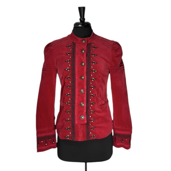 Free People Womens Maven Pintuck Military Jacket Red Velvet Embroidered Button S